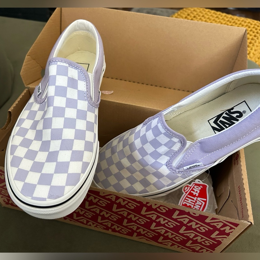 Brand new lavender vans checkered slip ons. I only wore them inside the house.